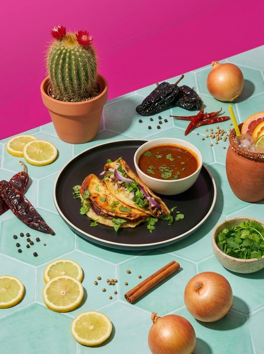 Birria dinner table spread with tacos, consomme, and fresh ingredients