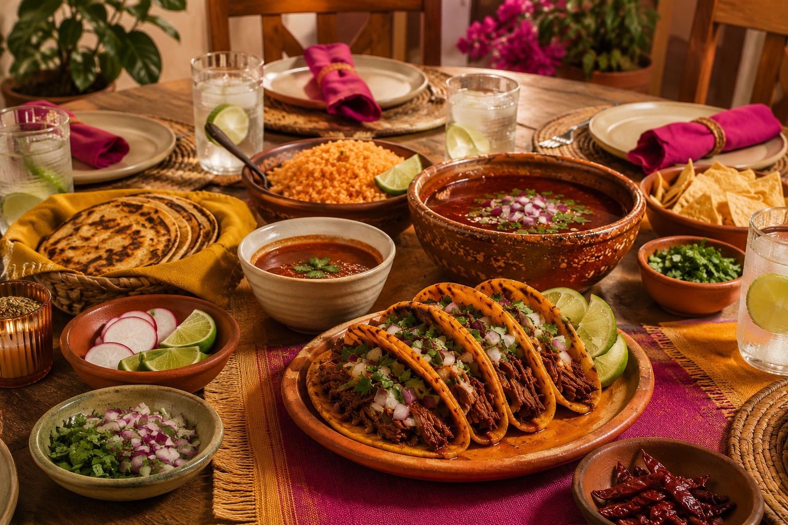 Birria feast spread on a wooden table with tacos, consomme, rice, and fresh garnishes